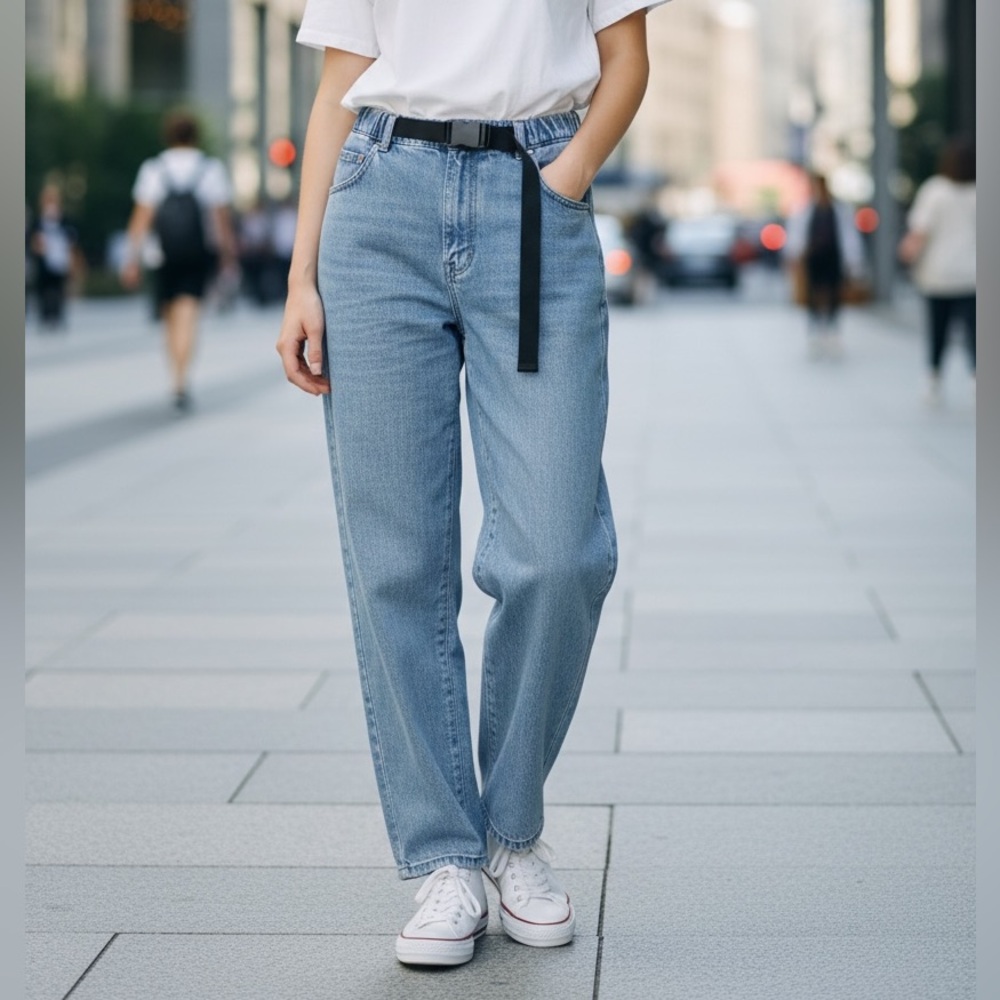 American Eagle Outfitters Light Blue Denim Boyfriend Jeans with Black Belt